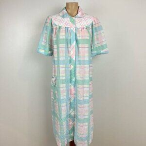 Vintage Granny Coffee Time Plaid Nightgown Long Puff  Short Sleeve Size S / M